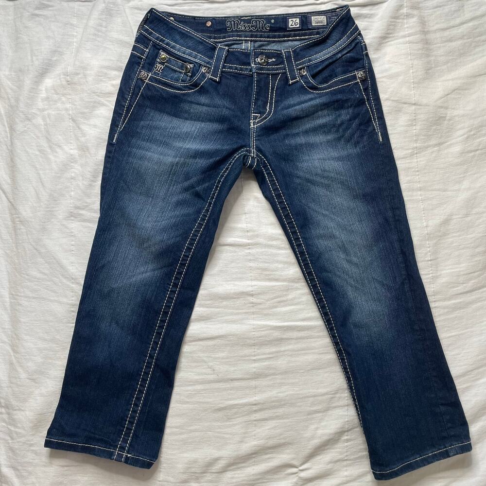 Miss Me Denim Blue Low Rise Cropped Jeans Size 26 Women's Embellished Stretch